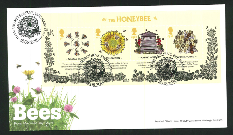 2015 Bees Miniature Sheet First Day Cover, Honeybourne, Evesham Postmark